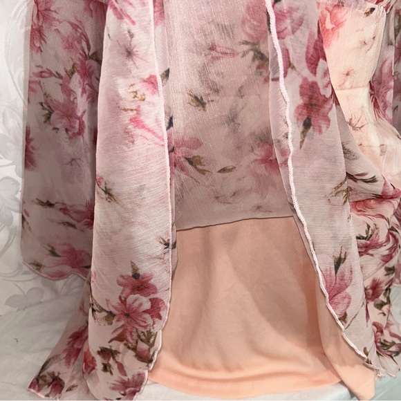 Double Crazy Pink Feminine Fairy Floral Sheer Long Bell Sleeve Flowy Dress - Picture 9 of 12